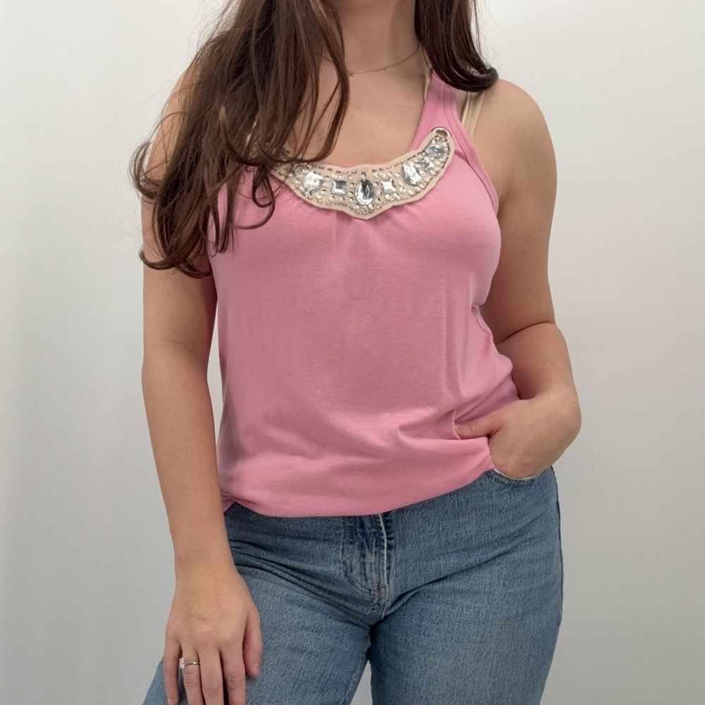Eyelash Couture Y2k Pink Tank Top Jeweled Neckline Lace Ribbon Small Coquette